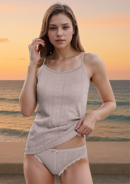 %100 Pamuklu Kalp Desen Dantelli Gri Ip Askılı & Bikini Külot 2'li Takım LL.IL22.KE94.001