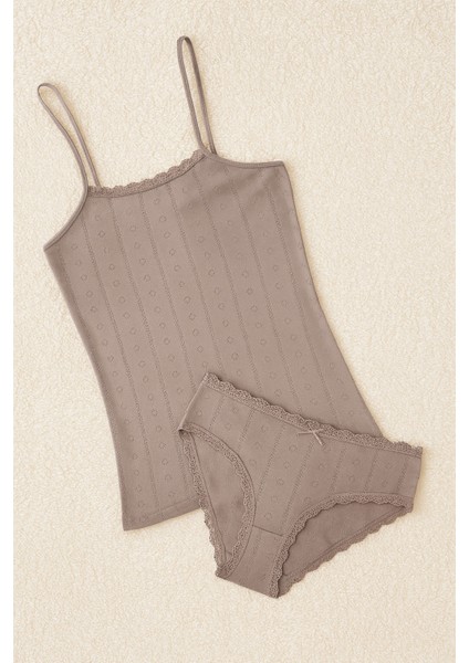 %100 Pamuklu Kalp Desen Dantelli Gri Ip Askılı & Bikini Külot 2'li Takım LL.IL22.KE94.001 fiyatları