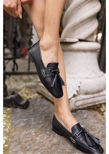 Rogo Kadin Nude Gercek Deri Püsküllü Loafer Babet modelleri