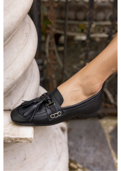 Rogo Kadin Nude Gercek Deri Püsküllü Loafer Babet
