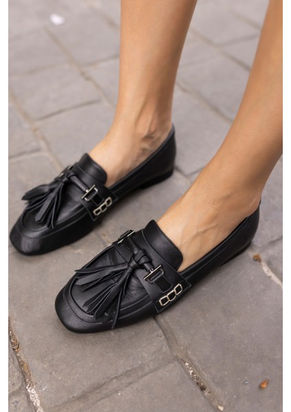Rogo Kadin Nude Gercek Deri Püsküllü Loafer Babet