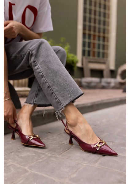 Jerry Kadin Bordo Rugan Gold Metal Toka Mini Topuklu Ayakkabi