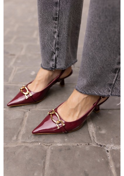 Jerry Kadin Bordo Rugan Gold Metal Toka Mini Topuklu Ayakkabi fiyatları