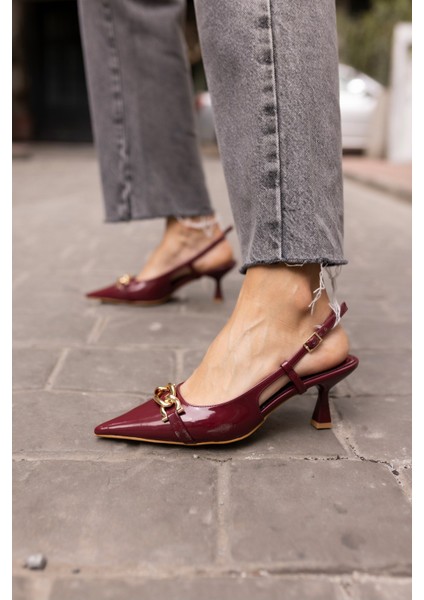 Jerry Kadin Bordo Rugan Gold Metal Toka Mini Topuklu Ayakkabi modelleri