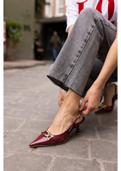 Jerry Kadin Bordo Rugan Gold Metal Toka Mini Topuklu Ayakkabi fırsatları