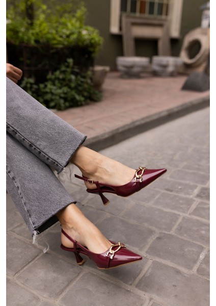 Jerry Kadin Bordo Rugan Gold Metal Toka Mini Topuklu Ayakkabi indirimleri