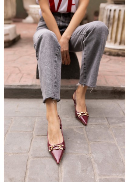 Jerry Kadin Bordo Rugan Gold Metal Toka Mini Topuklu Ayakkabi