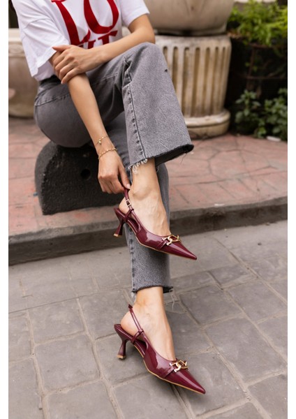 Jerry Kadin Bordo Rugan Gold Metal Toka Mini Topuklu Ayakkabi