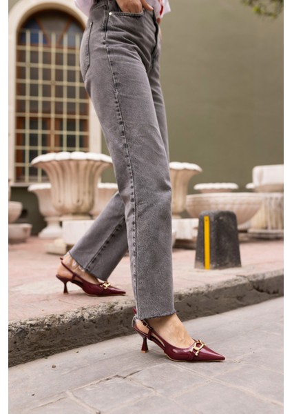 Jerry Kadin Bordo Rugan Gold Metal Toka Mini Topuklu Ayakkabi