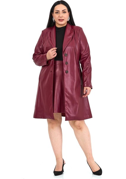 Büyük Beden Cepli Düğme Kapamalı Astarlı Suni Deri Bordo Kaban