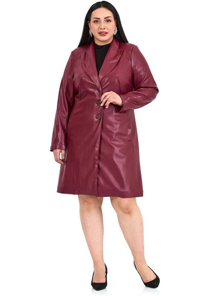 Büyük Beden Cepli Düğme Kapamalı Astarlı Suni Deri Bordo Kaban fiyatları