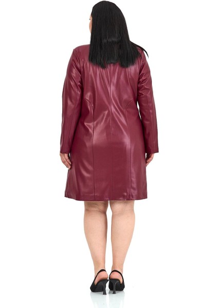 Büyük Beden Cepli Düğme Kapamalı Astarlı Suni Deri Bordo Kaban modelleri