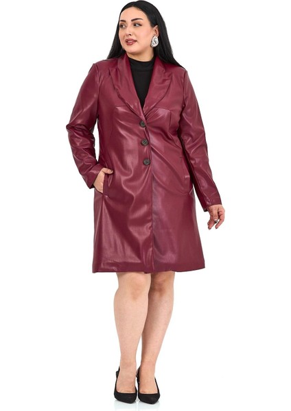Büyük Beden Cepli Düğme Kapamalı Astarlı Suni Deri Bordo Kaban fırsatları