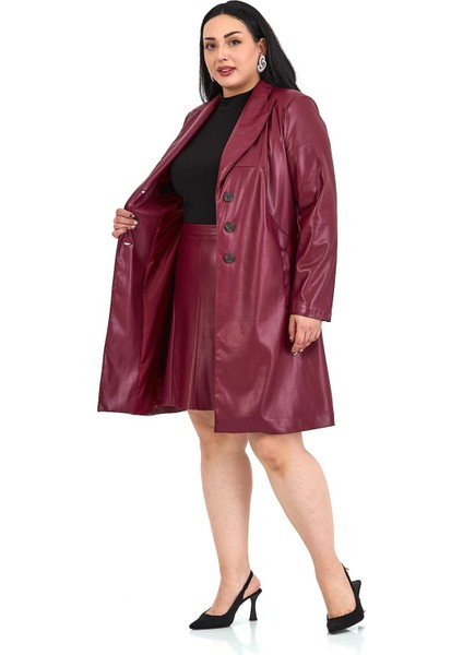 Büyük Beden Cepli Düğme Kapamalı Astarlı Suni Deri Bordo Kaban indirimleri