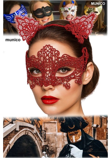 Romantik Kırmızı Dantel Maske Seti – Kedi Kulaklı Taç + Maske | Cosplay ve Özel Günler Için