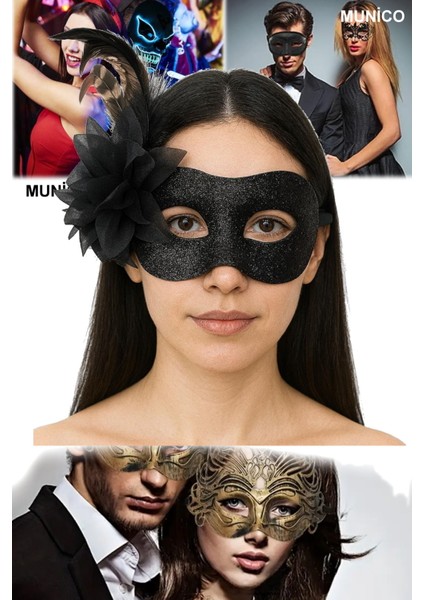 3 Adet Siyah Renk Tüylü Maske Simli Metalik Yüzeyli, Plastik Gövdeli Maskeli Parti ve Balo Maskesi
