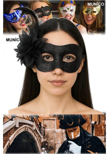 3 Adet Siyah Renk Tüylü Maske Simli Metalik Yüzeyli, Plastik Gövdeli Maskeli Parti ve Balo Maskesi modelleri