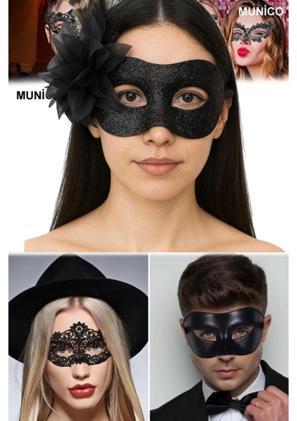 3 Adet Siyah Renk Tüylü Maske Simli Metalik Yüzeyli, Plastik Gövdeli Maskeli Parti ve Balo Maskesi