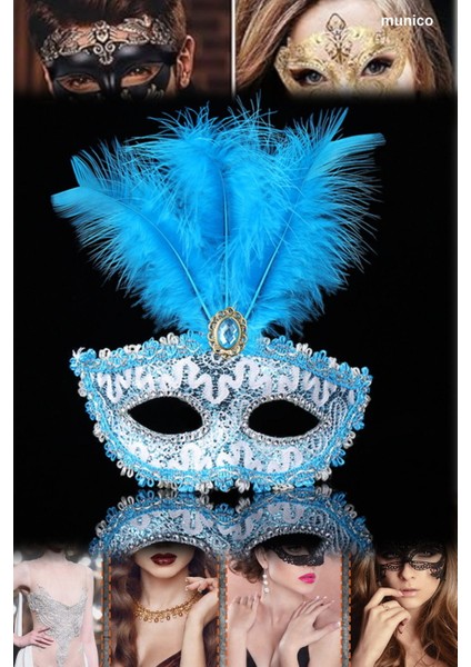 3 Adet Mavi Dantel Balo Maskesi Gerçek Tüylü, Ip Aparatlı | 17X20 cm Şık Parti Aksesuarı Sexy Maske fiyatları