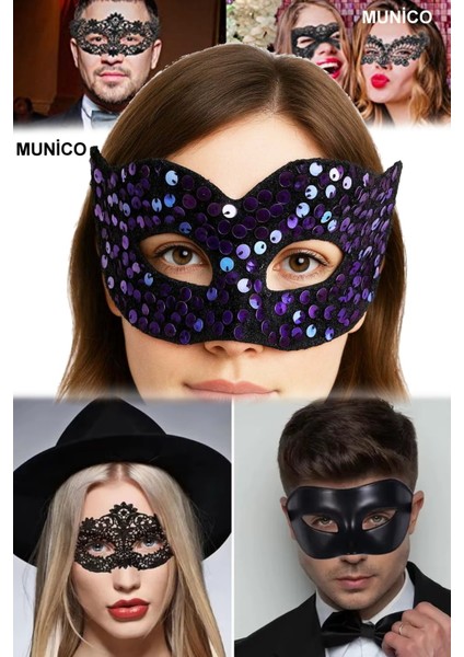 3 Adet Mor Renk Maske Payetli Pullu Tasarım, Rahat Lastikli Yapı Maskeli Balo ve Kostüm Partisi Için