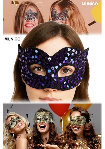 3 Adet Mor Renk Maske Payetli Pullu Tasarım, Rahat Lastikli Yapı Maskeli Balo ve Kostüm Partisi Için fiyatları