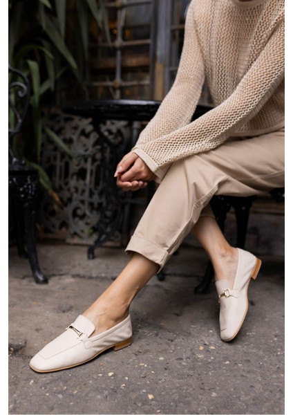 Novay Kadın Bej Gerçek Deri Loafer Babet