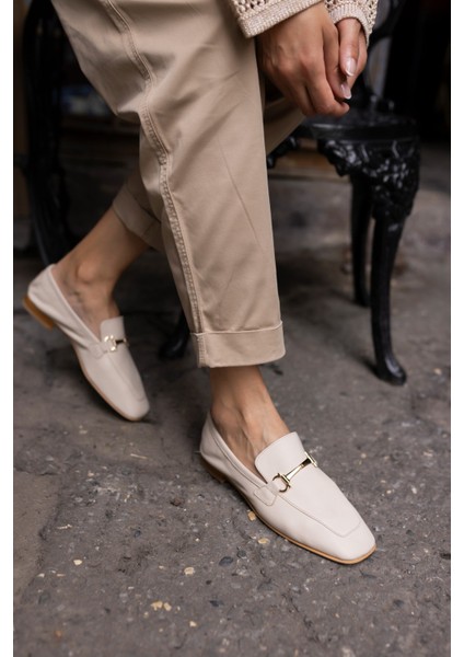 Novay Kadın Bej Gerçek Deri Loafer Babet