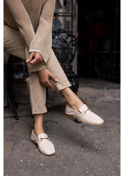 Novay Kadın Bej Gerçek Deri Loafer Babet