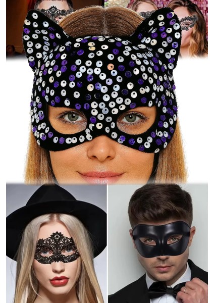 3 Adet Kadife Üzeri Pullu Maske Siyah Renk, Mor Beyaz Payetli | Özel Günler Için Göz Alıcı Aksesuar