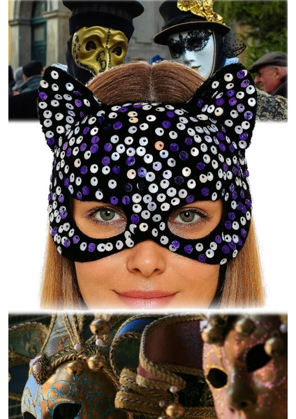 3 Adet Kadife Üzeri Pullu Maske Siyah Renk, Mor Beyaz Payetli | Özel Günler Için Göz Alıcı Aksesuar indirimleri