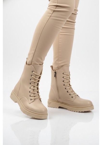 Bej Cilt Kürklü Bağcıklı Fermuarlı Kaymaz Kadın Bot 525383 Z