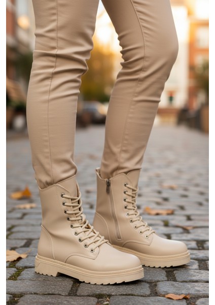 Bej Cilt Kürklü Bağcıklı Fermuarlı Kaymaz Kadın Bot 525383 Z modelleri