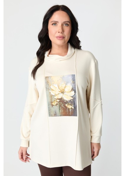 Büyük Beden Baskı Detaylı Bluz-Ekru