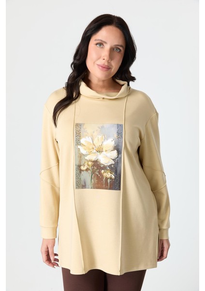 Büyük Beden Baskı Detaylı Bluz-Bej