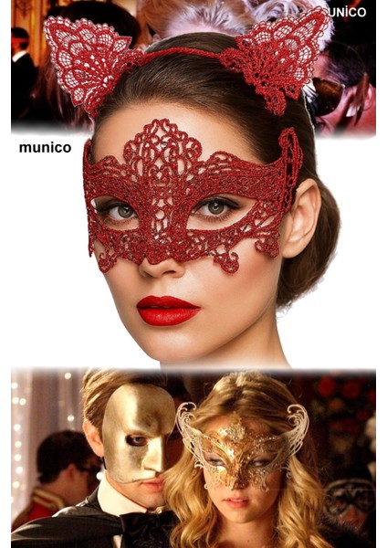 Romantik Kırmızı Dantel Maske Seti – Kedi Kulaklı Taç + Maske | Cosplay ve Özel Günler Için fırsatları