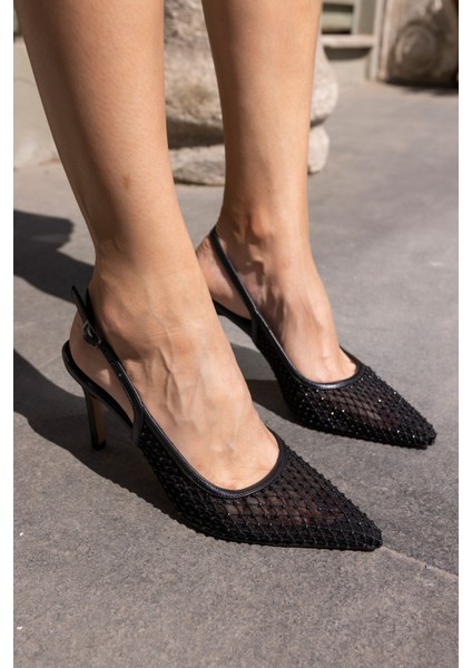 Julia Kadin Beyaz Taşli File Detali Topuklu Ayakkabi