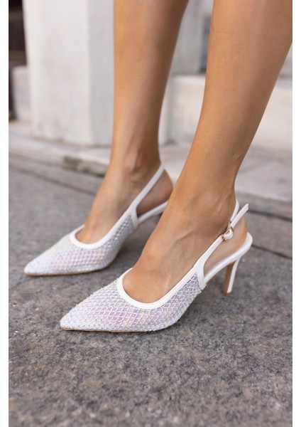 Julia Kadin Beyaz Taşli File Detali Topuklu Ayakkabi