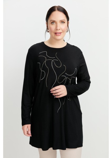 Büyük Beden Taş Detaylı Bluz-Siyah