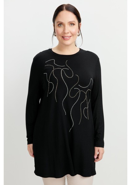 Büyük Beden Taş Detaylı Bluz-Siyah indirimleri