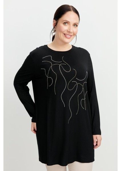 Büyük Beden Taş Detaylı Bluz-Siyah