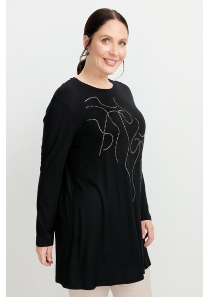 Büyük Beden Taş Detaylı Bluz-Siyah