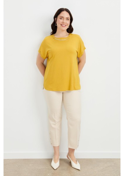 Büyük Beden Kolye Detaylı Bluz-Safran fiyatları