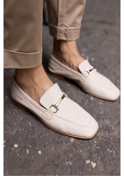 Novay Kadın Bej Gerçek Deri Loafer Babet