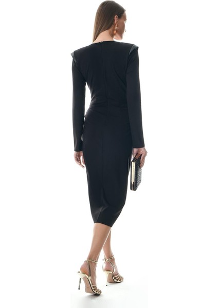 Deri Garnili V Yaka Anvelop Etekli Midi Elbise modelleri