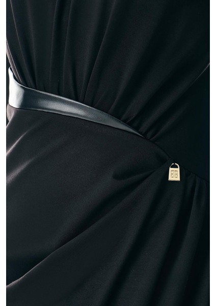 Deri Garnili V Yaka Anvelop Etekli Midi Elbise fırsatları