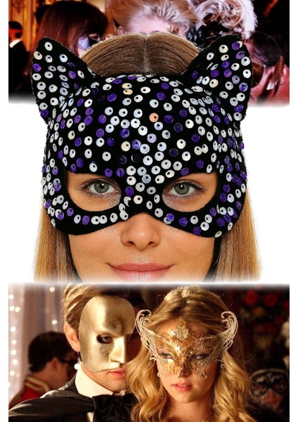 3 Adet Kadife Üzeri Pullu Maske Siyah Renk, Mor Beyaz Payetli | Özel Günler Için Göz Alıcı Aksesuar