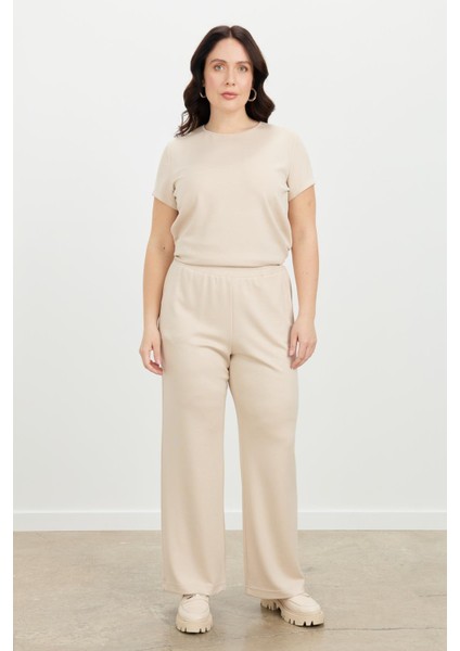Büyük Beden Bol Paça Eşofman Pantolon-Bej
