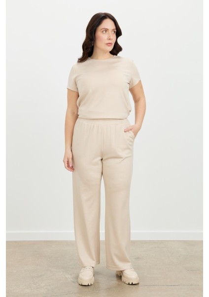 Büyük Beden Bol Paça Eşofman Pantolon-Bej modelleri