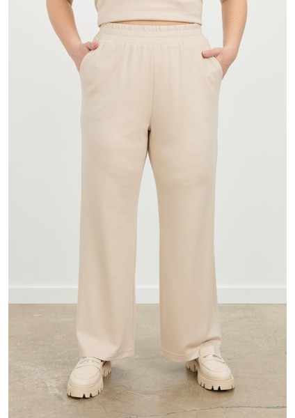 Büyük Beden Bol Paça Eşofman Pantolon-Bej