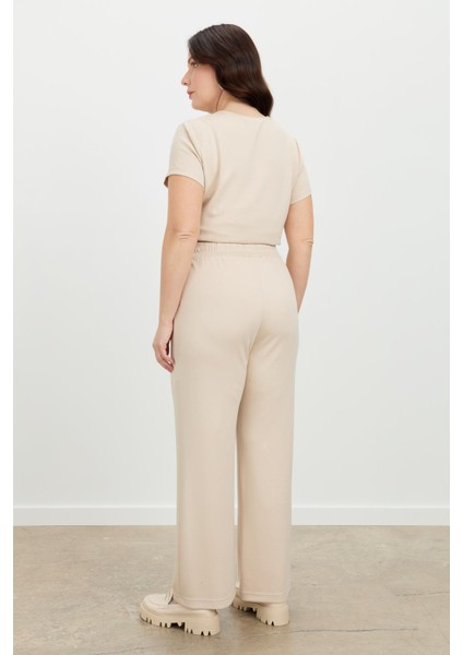 Büyük Beden Bol Paça Eşofman Pantolon-Bej
